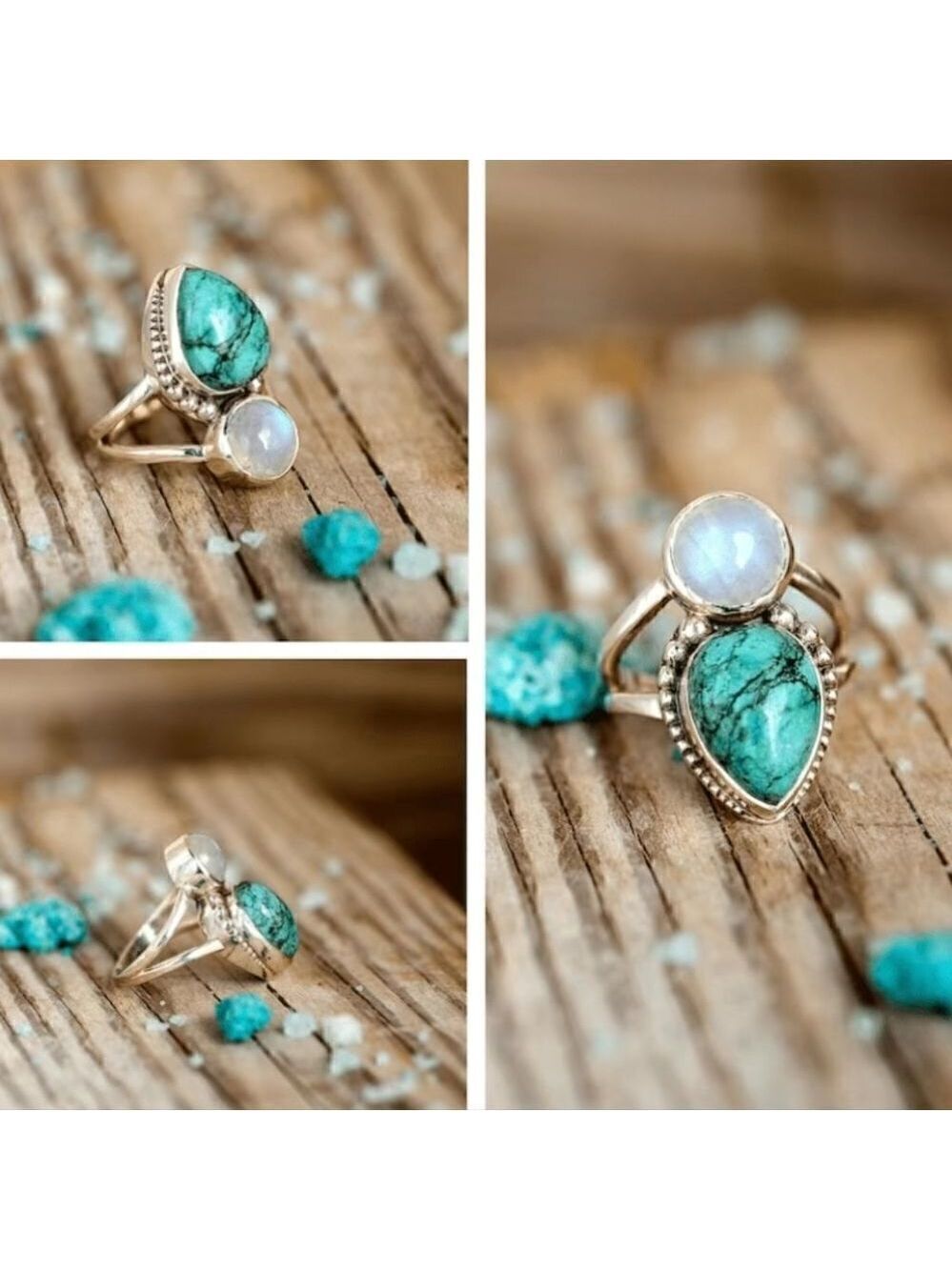 Boho Style Ring Inlaid Waterdrop Shape Turquoise Color Spherical Moonstone Match - Picture 3 of 8